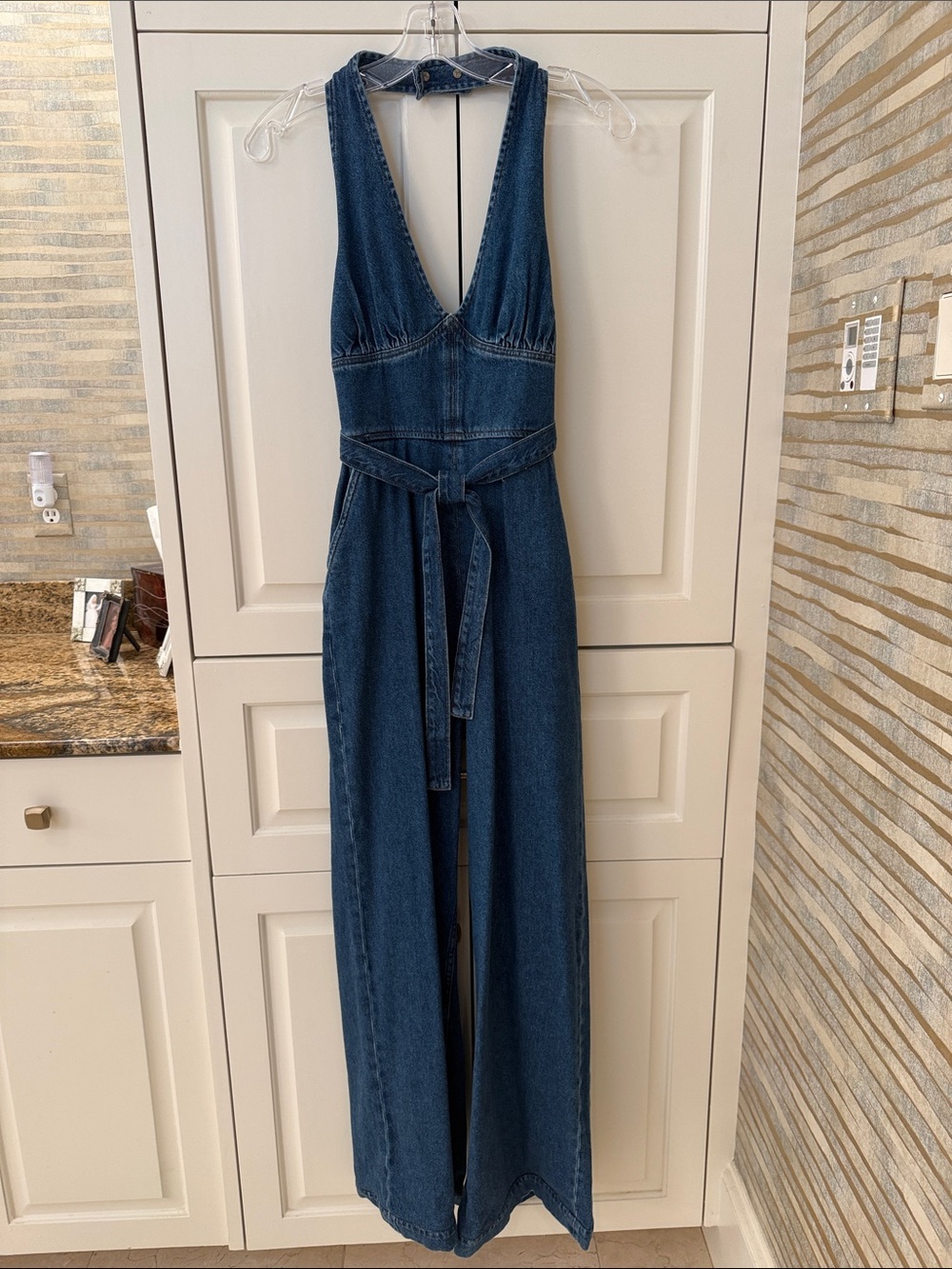 Reformation Deep Blue Denim V-Neck Jumpsuit with Self Tie